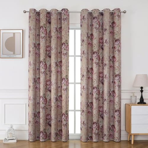 BUHUA 2er-Set Blickdicht Vorhänge mit Blumen Vintage Vorhang Rural Gardinen Ösenvorhang Elegante Verdunkelung für Schlafzimmer Wohnzimmer, H 225 x B 132 cm, Lila Pink