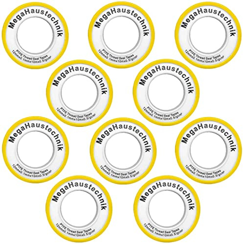 MegaHaustechnik 10 Rollen Gewinde-Dichtband aus Teflon je 12 Meter lang, Breite 12mm, Stärke 0,1mm zum Abdichten, Trinkwasser geeignet, PTFE Band Gas Sanitär Heizung Leitung Rohr 10er Pack