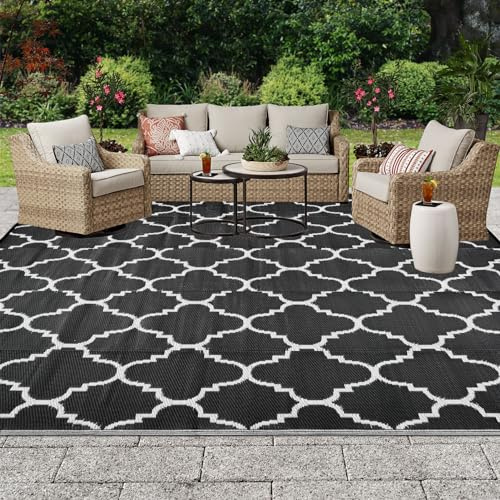 OIGAE Balkon Teppich Wasserfest 150x240cm Outdoor Teppiche Modern StrapazierfäHige Carpet Für Terrasse Garten Schwarz Wendbarer Plastik Recyceltem Camping Teppich UV Beständig