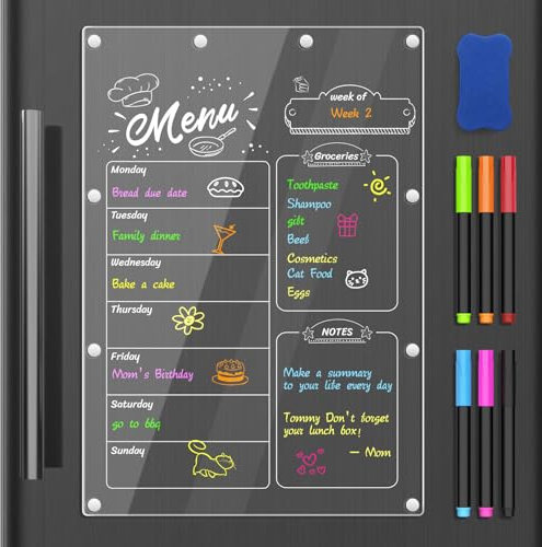 MoKo Magnetischer Wochenplaner für Kühlschrank, 42,5cm x 30cm Acryl Wochenplaner Menütafel, Menüplaner Speiseplaner Abwischbar mit 6 Markern, 1 Radiergummi, 1 Halter, Transparent