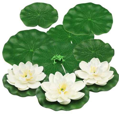 QUOZUO 10 Pack Floating Foam Lotus Flowers with Artificial Frog Lotus Leaves, Artificial Lily Pads for lake, Pond Plants Ornaments for Pool Water Decoration, White
