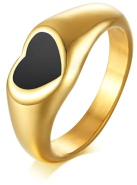 Bishilin Ring Damen Edelstahl, Freundschaftsringe Herz mit Schwarz Emaille Ring Größe 57 (18.1), Partnerringe Personalisiert Frauen Ringe Gold