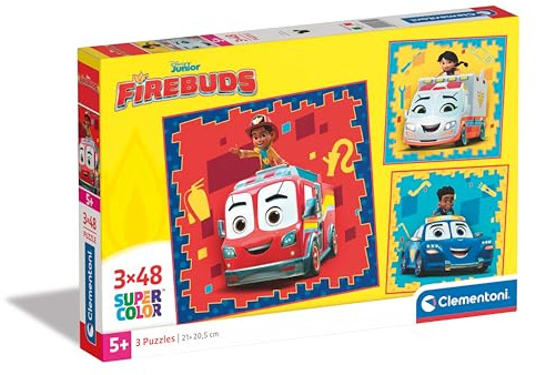 Clementoni Disney Firebuds Puzzle 3 x 48 Teile - Disney Puzzle 32 x 22 cm für Kinder ab 5 Jahre - buntes Kinderpuzzle mit besonderer Leuchtkraft & Farbintensität 25311