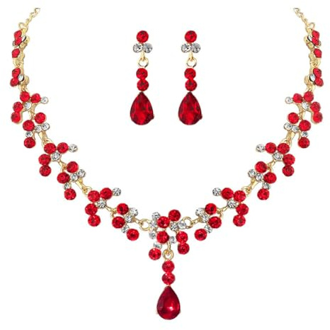 Carufin Bridal Wedding Crystal Necklace Earring Set Bride Necklaces Jewelry Accessories for Women and Girls (Red)