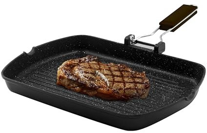 Zanetti, Bistecchiera 26 x 36 cm, Piastra grill in Alluminio Pressofuso ad Alto Spessore, Piastra Grill adatta ai Piani ad Induzione, Manico Pieghevole