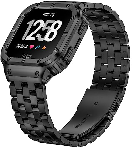 SUPLINK Edelstahl Gehäuse Band Kompatibel mit Fitbit Versa 4 Armband/Versa 3/Versa/Versa 2 Uhrenarmbänder Männer, Schutzhülle Armband für Fitbit Sense/Versa Lite/Fitbit Sense 2 Armband