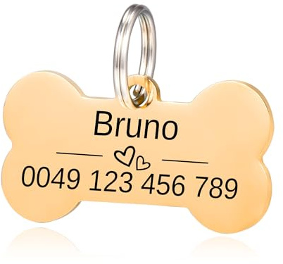 Knochen Hundemarke mit Gravur - Edelstahl Hundemarke mit Name, Telefonnummer - Vergold Hundemarke personalisiert mit Symbolen Dog Tag Namensschild für Halsband und 2 Schlüsselringe
