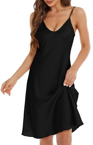 Xuepelit satin nattlinne dam sexig underklänning negligé babydollnattkläder med spagettiremmar v-ringad nattlinne för kvinnor, svart, S