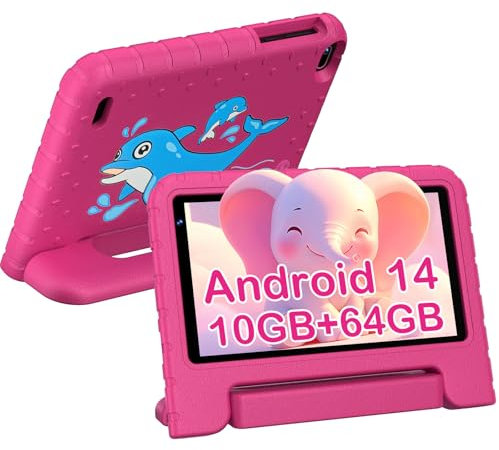 BIEGEDY Tablet para Niños 7 Pulgadas,Android Niños Tablet, 10GB RAM + 64GB ROM/TF 512GB, Octa-Core 1.8GHz | Kids Educativos | Control Parental | 5G WiFi 6 | Cámara Dual | BT5.0,con Funda EVA Rojo