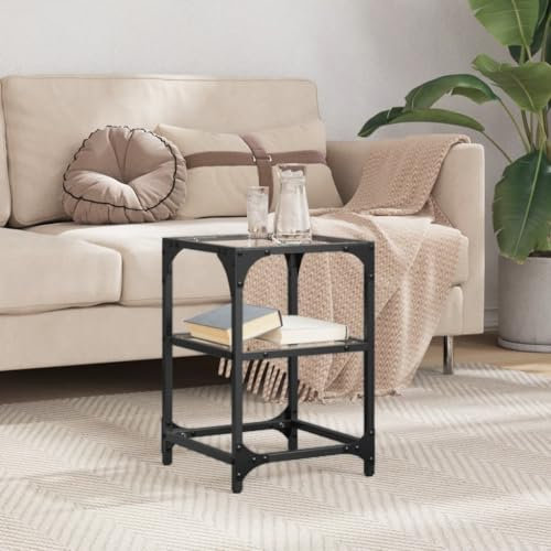AUVYI Wohnzimmer Couchtisch mit Glasplatte 30x30x45 cm Telefontisch Sofatisch Beistelltisch Kaffeetisch Wartebereich Tisch Holzwerkstoffe und Stahl und Glas Transparentes Glas