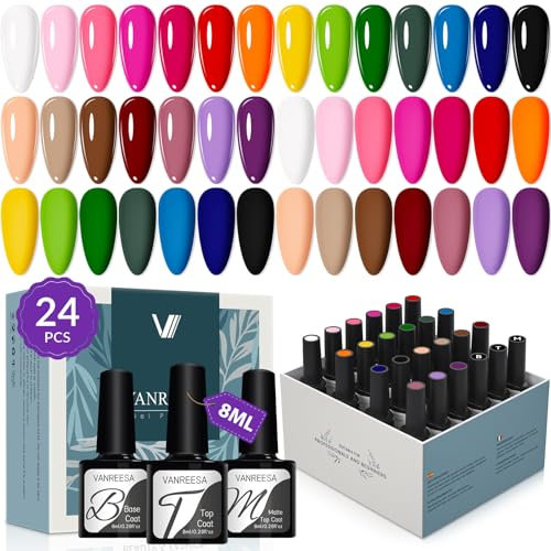 VANREESA Gel Nail Polish Set, 21+3 U V Gel Nail Polish with Base and Top Coat White Pink Brown Blue Green Gels Polish Set Suitable for All Seasons Nail Salon Kit Gifts for Women DIY at Home