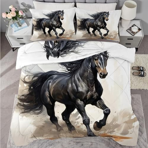 buyluhn Piumino completo con cavallo nero, reversibile, per tutte le stagioni, 7,5 tog, lavabile in lavatrice, per letto matrimoniale, estate e inverno, leggero, 2 federe
