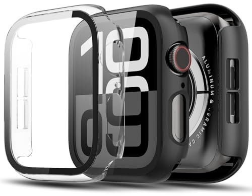 TGKML Hülle mit Displayschutzfolie für Apple Watch SE 3/SE 2/SE/6/5/4 40mm | 2-Stück, Hard-PC Schutzhülle, Eingebaut Gehärtetes Glas, Kratzfest & Stoßfest Schutzfolie, Schwarz/Klar