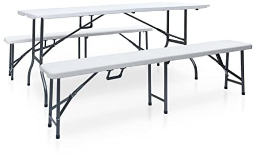 LAPOOH Klappbarer Gartentisch mit 2 Bänken, Gartenmöbel Set, Garnitur, Sitzgarnitur Garten, Balkon Möbel Set, Garten Möbelsets, 180 cm Stahl und HDPE Weiß