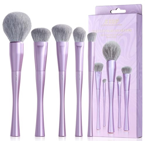 Jessup Set de Brochas de Maquillaje de Rostro 5pcs, Fibra Sintética Premium Pinceles Maquillaje Facial para Base, Contorno, Rubor, Iluminador y Polvo, Morado T514