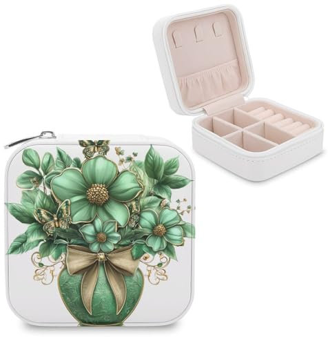 Jubonexis Bouquet de fleurs vertes dans un vase, petite boîte à bijoux, organisateur de bijoux portable en cuir PU, mini étui à bijoux de voyage