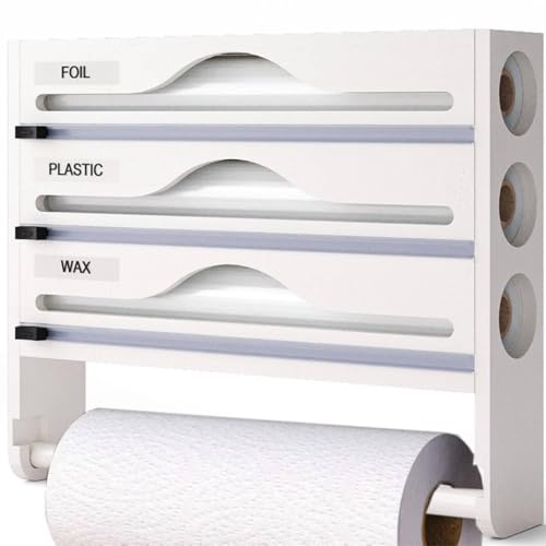 5-in-1 Cling Film Dispenser and Cutter Tin Foil Film Dispenser and Cutter, Foil Dispenser 40 cm Kitchen Roll Foil Organiser Storage Cling Film Cutter for Aluminum Foil Cling Film Wax Paper (White)
