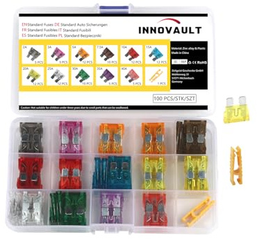 INNOVAULT 100 Stück Kfz Sicherungen Standard, Auto Sicherungen Set, Autosicherungen Set für PKW, KFZ, Wohnmobil, Motorrad, gemischte Flachsicherungen inkl. Sicherungszieher 2A / 5A - 40A