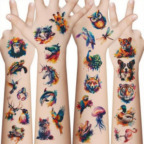 ZORVYN 10 pcs Wasserfarben Tiere Temporäre Tattoos für Kinder Temporär für Mädchen Junge Körper Arm Schulter Tattoos Aufkleber, Geburtstags Party Dekorationsartikel