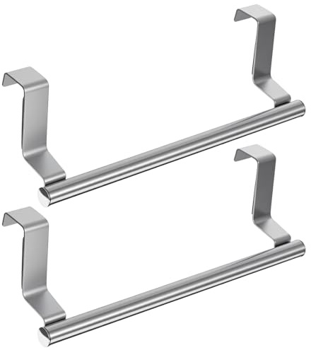 2 Stück Edelstahl Handtuchhalter, Geschirrtuchhalterohne Küche mit Haken, Handtuchstange für Badezimmer Wandmontage, Robuste Abnehmbare Handtücher Racks, Zum Einhängen Ohne Bohren (Silber)