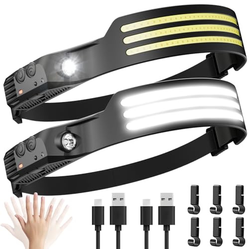 Dopalloy Head Torch Rechargeable, 2Pack Super Bright Tri LED Strip Headlamp | 230° Wide Beam Headlight with Motion Sensor, USB Battery Powered Headtorch for Fishing, Hiking, Running, Camping Essentials