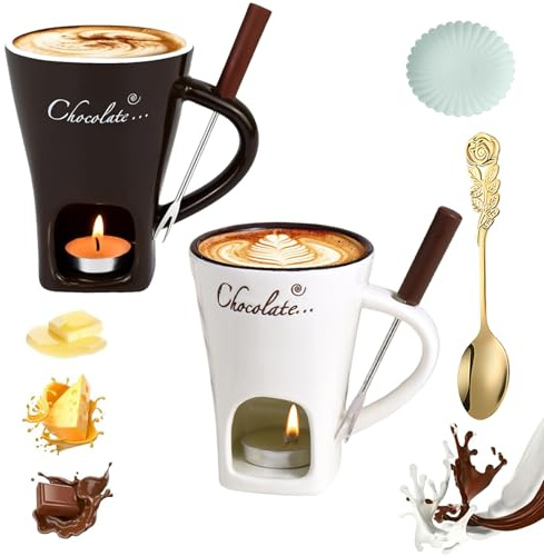 NNBWLMAEE Chocolate Fondue Mug Set, Ceramic Cheese Melting Cup with Fork and Tea Candle, Handcrafted Fondue Cups, Tea Light Heating Butter Warmer, for Cheese Chocolates Butter (2pcs-3,with Candle)