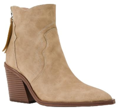 WDUDSUDUW Botines de piel para mujer, con puntera puntiaguda, cremallera trasera, tacón de bloque apilado, antideslizantes, botas Chelsea, Khaki, 40.5 EU