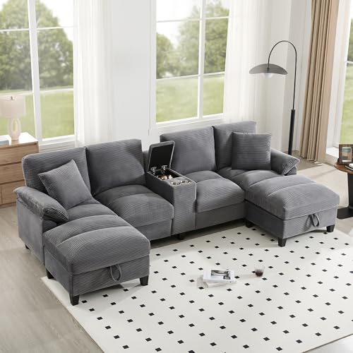 Bladez Moderno sofá esquinero en Forma de U con Consola y Espacio de Almacenamiento, estación de Carga USB, Chaise Longue, sofá Confort de 4 plazas en Tela de Pana, portavasos (Gris)