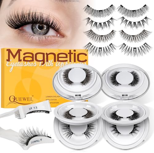 QUEWEL Magnetische Wimpern kein Kleber nötig 4 Paare, natürlicher Look Wimpern magnetisch wiederverwendbar, Magnet Wimpern Set einfach zu tragen mit Anleitung und Applikator (04-Set 4P A)