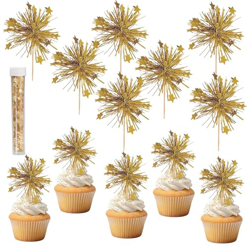 40 Stück Happy Birthday Tortendeko Feuerwerk + Gold Essbares Streu-Dekor 1 g, Glitzer Kuchen Deko Cupcake Toppers Muffin Deko Partyzubehör für Geburtstag Hochzeit Weihnachten Taufe Neujahr