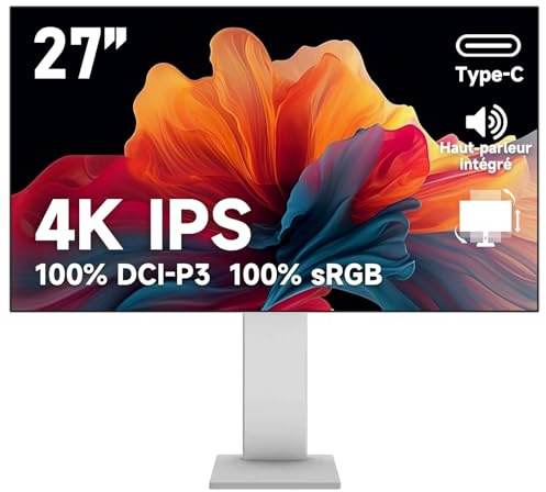 Gawfolk Écran PC IPS 4K UHD de 27 pouces, Moniteur ultra-haute définition 3840×2160, 100%sRGB et 100%DCI-P3, Type-C, DisplayPort, HDMI, haut-parleurs intégrés, réglable en hauteur et orientable –blanc