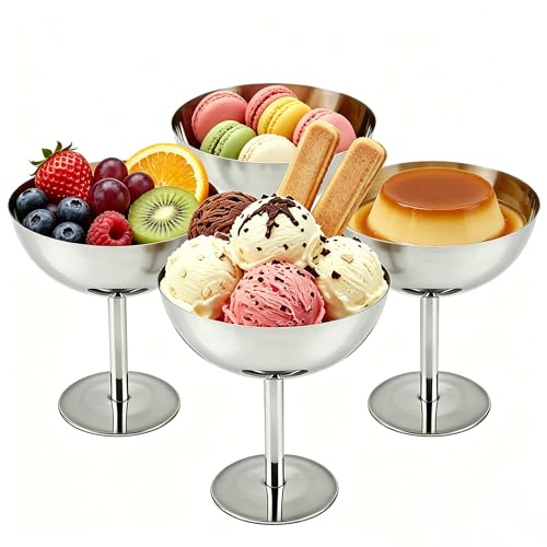 YuLiMirich Set om 4 st rostfritt stål glasskålar - Vintage rostfritt stål dessertboll, cocktailglas, glasskålar för glass, sundae, fruktsallad, yoghurt och fruktpudding för fester (lång - A stil