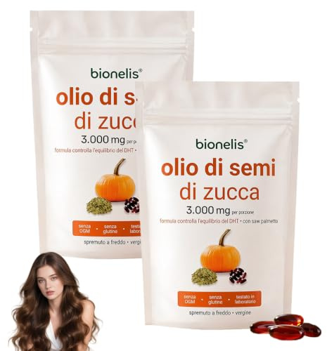Bionelis Pumpkin Seed Oil and Saw Palmetto 3000mg,Pumpkin Seed Oil for Hair, Vegan, Favorisce la Crescita dei Capelli, 180 Capsule Softgel, Natural Ingredients, Gluten Free, for Men and Women 2 Borsa
