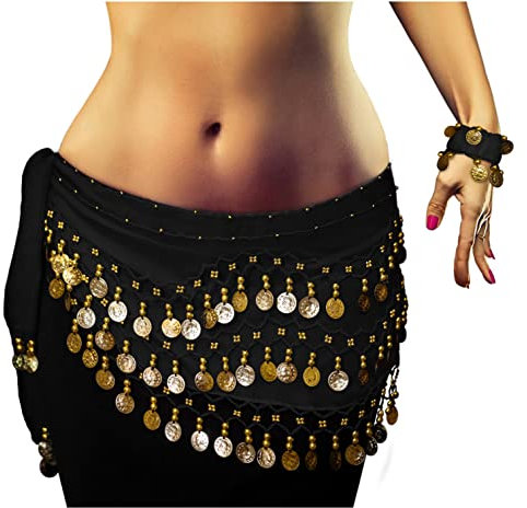 Belly Dance Costume per il ballo del ventre Velo per le anche Cintura con monete finte Cintura in nero NEU/Marchio MyBeautyworld24