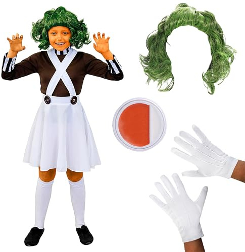 Girls Chocolate Factory Worker Costume - Medium - Brown Top, Green Wig, White Gloves and Face Paint - Kids World Book Day Costume