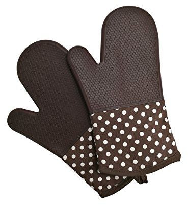 Camilife 2 Stücke Professional Verdickte Hitzebeständige Ofenhandschuhe Topflappen Backhandschuhe aus Baumwolle und Silikon Hitzeschutz bis 300°C - Braun Gepunktet