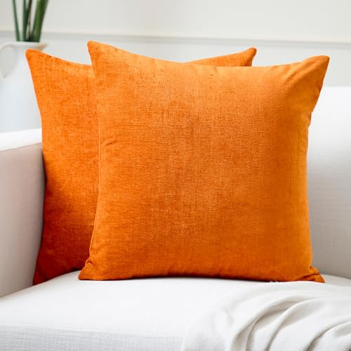 Encasa Homes 2 st. kuddfodral i chenille – orange – 50 x 50 cm, enfärgade, mjuka och släta kuddfodral, till kudde på soffa, stol, säng och golv