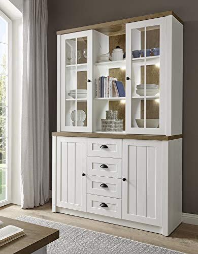 Buffet Tesorino II Holznachbildung Pinie Weiss Applikationen Eiche hell 130x198x35-43cm Highboard Board Sideboard Vitrine Standvitrine Vitrinenschrank Beleuchtung mit Beleuchtung