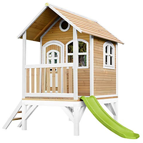 AXI Spielhaus Tom mit hellgrüner Rutsche | Stelzenhaus in Braun & Weiß aus FSC Holz für Kinder | Spielturm für den Garten