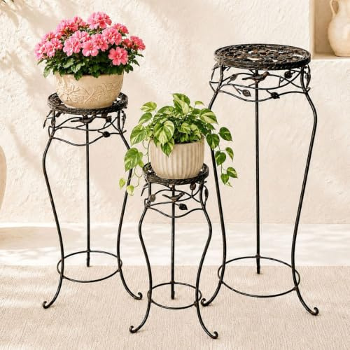 DanDiBo Blumenhocker Metall Schwarz Rund 3er Set 52 cm / 65 cm / 78 cm Blumenständer 18215 Blumensäule Antik Pflanzenständer Pflanzenhocker Vintage