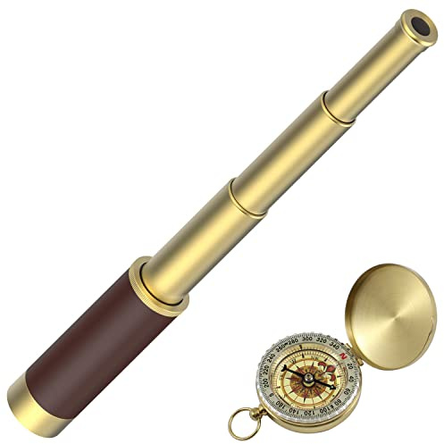 Pirate Spyglass Telescope Pocket Compass Set, Caribbean Collapsible Spyglass Zoomable Pirate Monocular Telescope Handheld Telescope Pirate Spyglass for Bird Watching Hunting Hiking Travelling