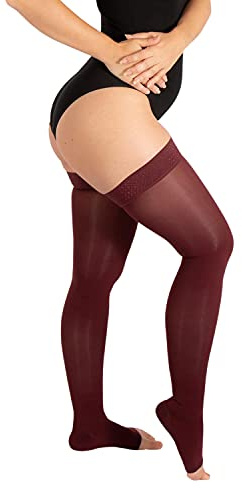 RIEMTEX PREMIUM Kompressionsstrümpfe Klasse 2 CCL2 23-32 mmHg mit offener Spitze Schenkelstrümpfe Damen Herren (Größe 5, Burgundy)