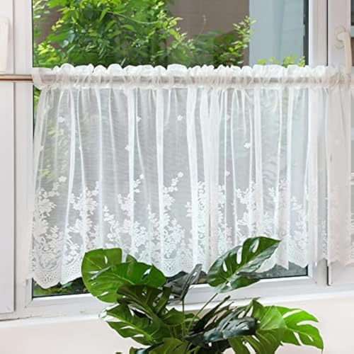 Devola Vorhang im amerikanischen Landhausstil transparent Blumenmuster Garn Bistrogardine Cafe Scheibengardine Küche Gardine Dekoration Vorhänge HxB 45x150cm Weiß 1er Pack