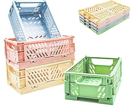 Tianlong 4pcs Mini Foldable Desk Crates Storage Box, Plastic Stackable Table Basket Organizer, Mini Storage Baskets, for Office Kitchen Bathroom(5.9 x 3.8 x 2.2 inch)