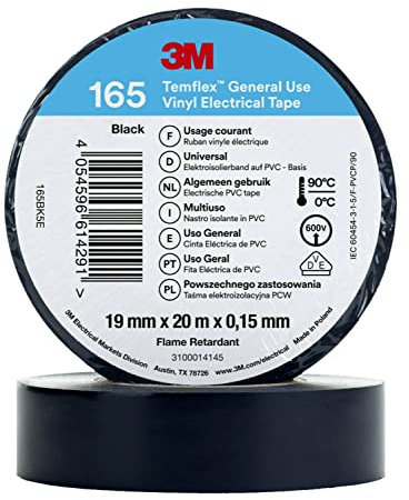 3M Temflex 165 - Cinta aislante, vinilo negro, 0,152 mm x 19 mm x 20 m