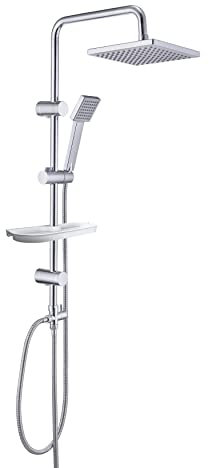 Görbach Colonna Doccia Acciaio Inox con Mensola Senza Miscelatore idromassaggio Asta Doccia Set Doccia a Pioggia con Soffione e Doccetta in ABS 20 * 20cm