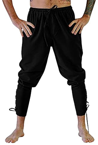 YAOHUOLE Herren Mittelalter Hose Vintage Freizeithose mit Taschen Renaissance Piratenhose Cosplay Kostüm Hose Herren Lang