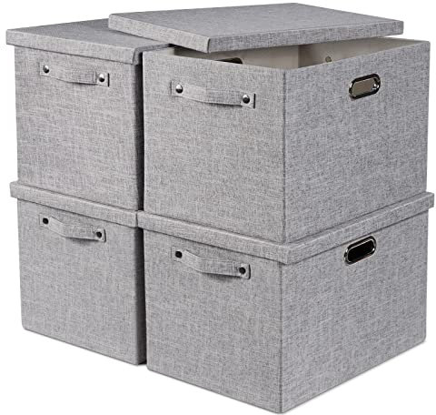 4x24L Storage Bins with Lids for Organizing-Decorative Storage Boxes with Lids Fabric Closet Storage Bin for Clothes Linen Storage Organizer Boxes Baskets Bedroom Storage and Organization-Grey