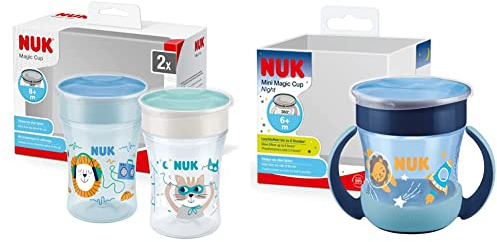 NUK Magic Cup Trinklernbecher | 8+ Monate | 230 ml | auslaufsicherer 360°-Trinkrand | BPA-frei | blau | 2 Stück & Mini Magic Cup Trinklernbecher mit Leuchteffekt | 6+ Monate | 160 ml Löwe (blau)