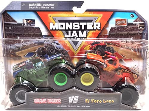 Monster Jam Camiones monstruos fundidos a presión, escala 1:64, juguetes para niños a partir de 3 años, paquete de 2 series 24 (excavadora de tumbas vs El Toro Loco)